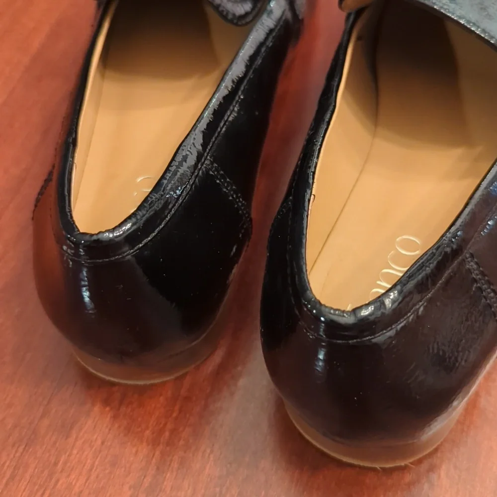 Franco Sarto Persephone black patent flats, size 8